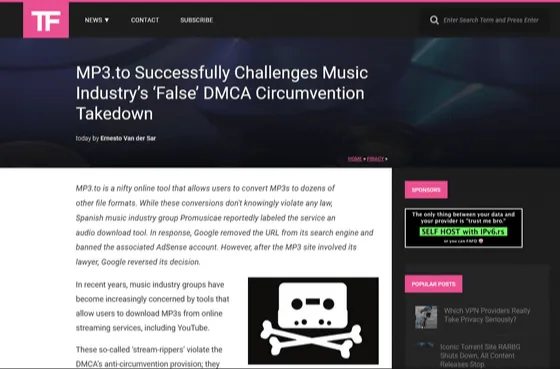 MP3変換サービス「MP3.to」がDMCA削除を覆しGoogle検索に復活